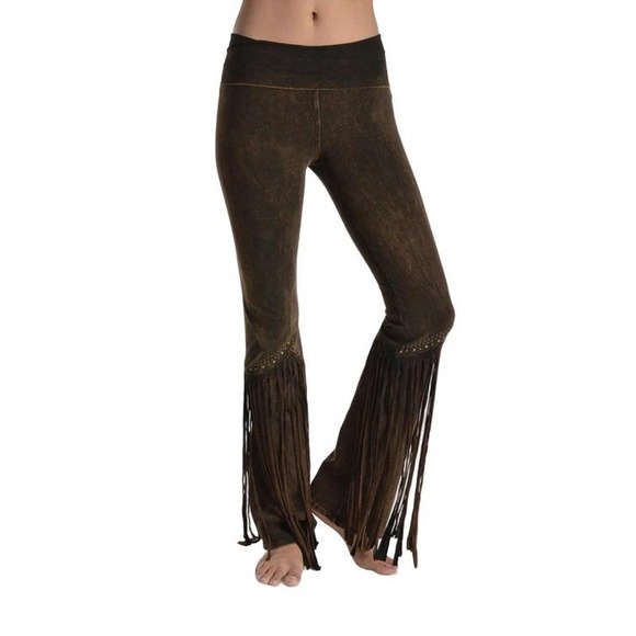 T-Party Pants - T-Party Fold Down STUDS & FRINGE Bottom Mineral Washed Yoga Pants Women XL